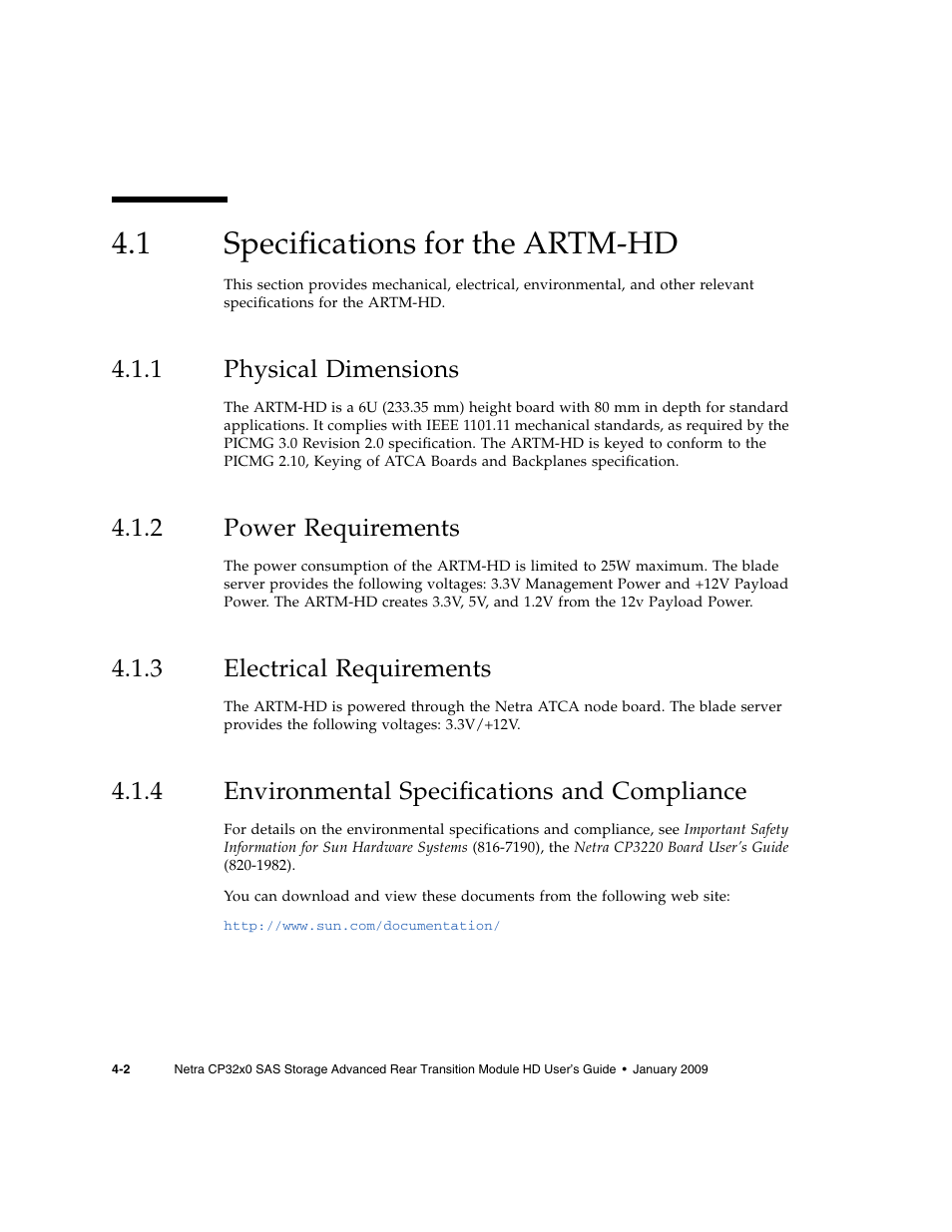 1 specifications for the artm-hd, 1 physical dimensions, 2 power requirements | 3 electrical requirements, 4 environmental specifications and compliance, Specifications for the artm-hd, Physical dimensions, Power requirements, Electrical requirements, Environmental specifications and compliance | Sun Microsystems Netra CP32x0 User Manual | Page 56 / 66