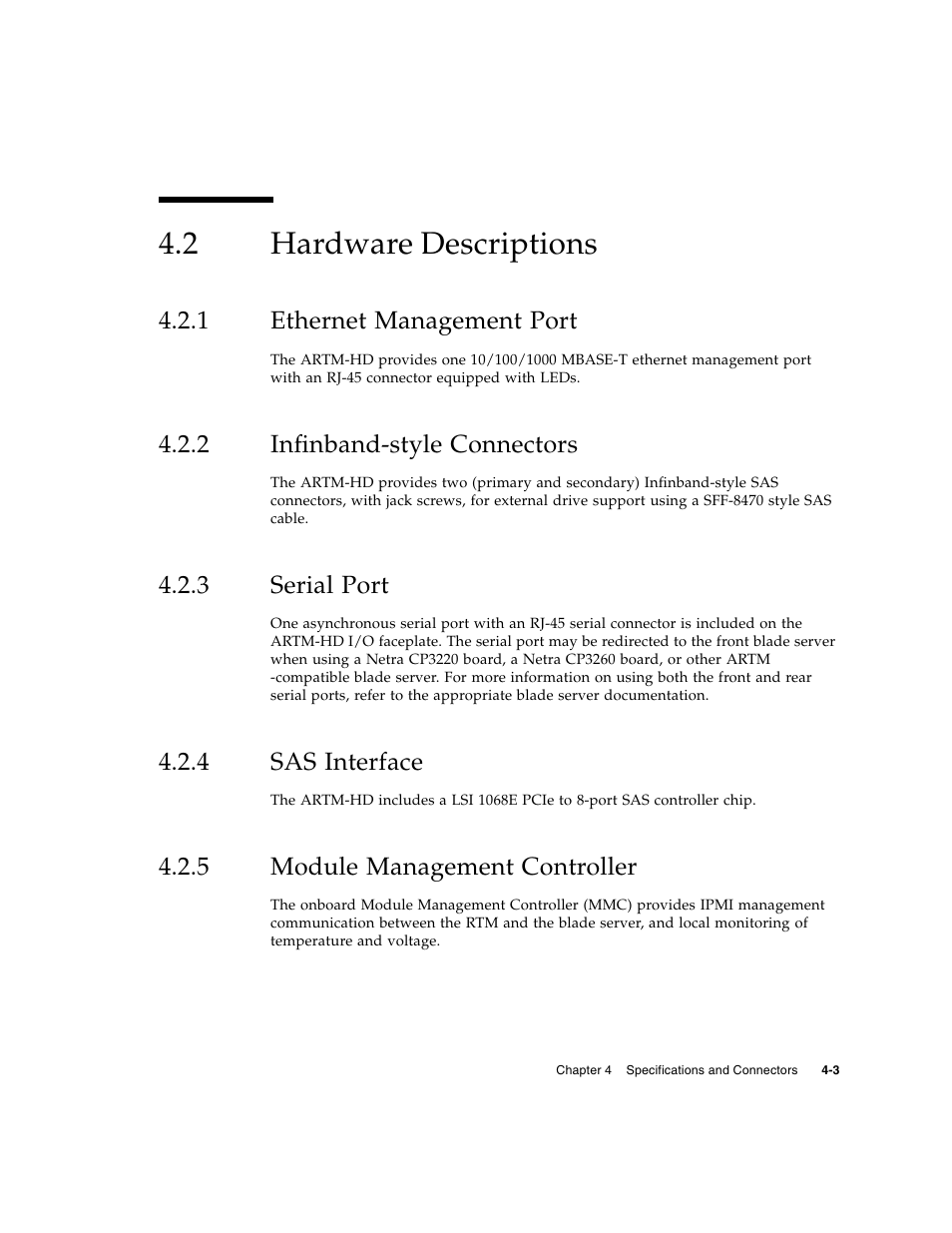 2 hardware descriptions, 1 ethernet management port, 2 infinband-style connectors | 3 serial port, 4 sas interface, 5 module management controller, Hardware descriptions, Ethernet management port, Infinband-style connectors, Serial port | Sun Microsystems Netra CP32x0 User Manual | Page 57 / 66