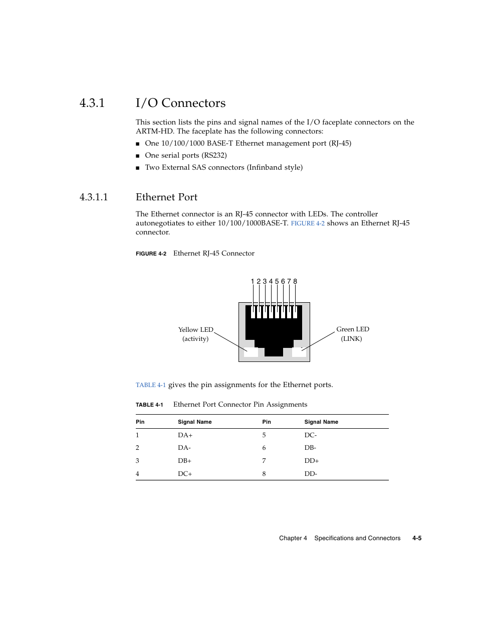 1 i/o connectors, 1 ethernet port, I/o connectors | Ethernet port, Figure 4-2, Table 4-1 | Sun Microsystems Netra CP32x0 User Manual | Page 59 / 66