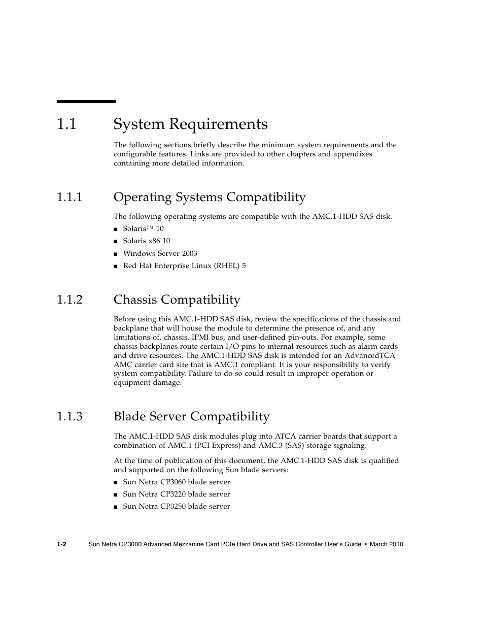 1 system requirements, 1 operating systems compatibility, 2 chassis compatibility | 3 blade server compatibility, System requirements, Operating systems compatibility, Chassis compatibility, Blade server compatibility | Sun Microsystems SUN NETRA CP3000 User Manual | Page 12 / 72