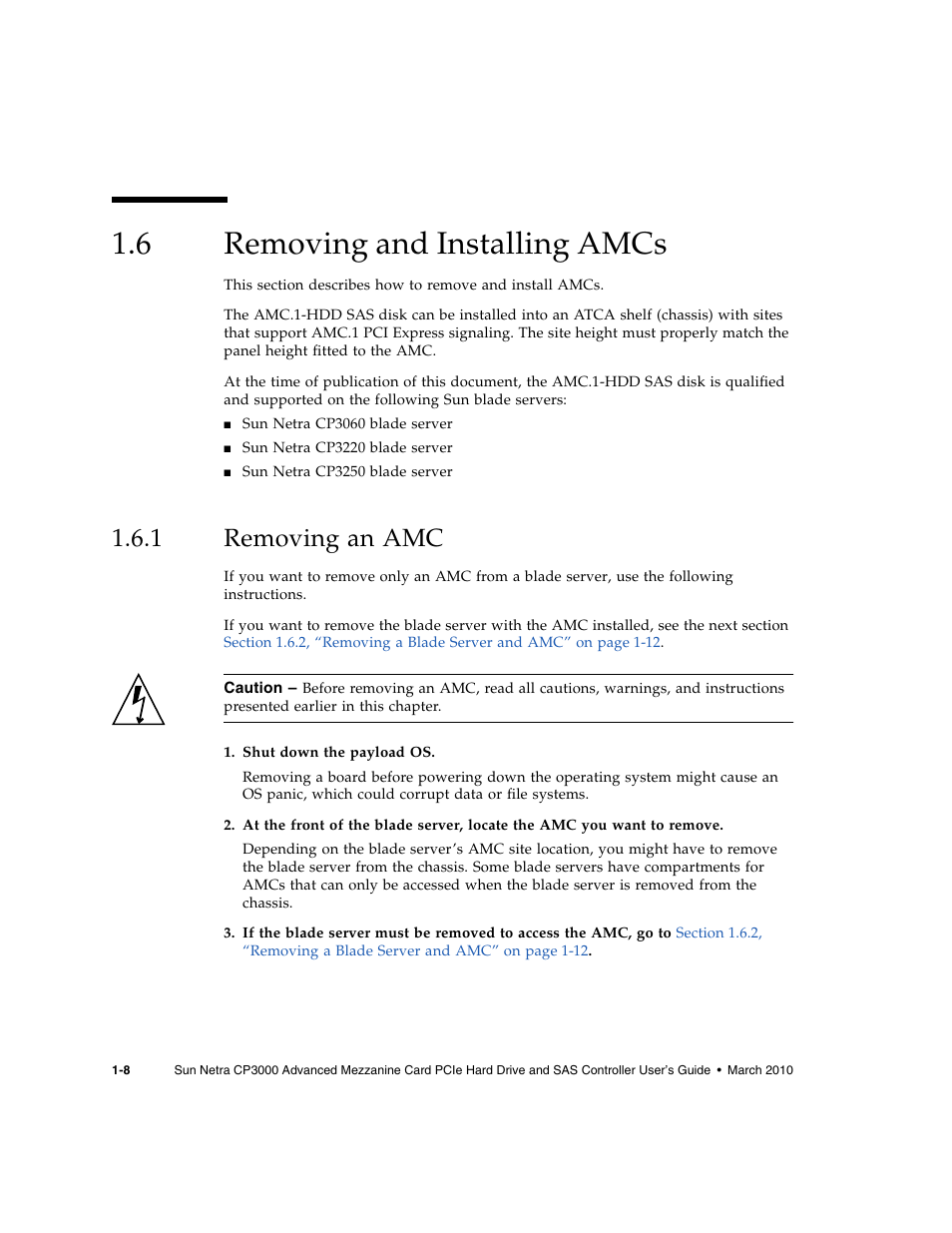 6 removing and installing amcs, 1 removing an amc, Removing and installing amcs | Removing an amc | Sun Microsystems SUN NETRA CP3000 User Manual | Page 18 / 72