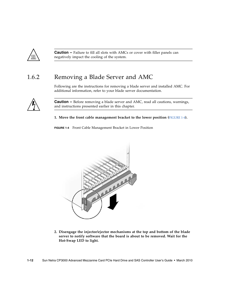 2 removing a blade server and amc, Removing a blade server and amc, Section 1.6.2 | Sun Microsystems SUN NETRA CP3000 User Manual | Page 22 / 72