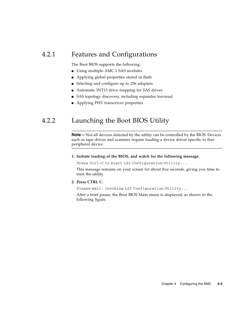 1 features and configurations, 2 launching the boot bios utility, Features and configurations | Launching the boot bios utility | Sun Microsystems SUN NETRA CP3000 User Manual | Page 49 / 72