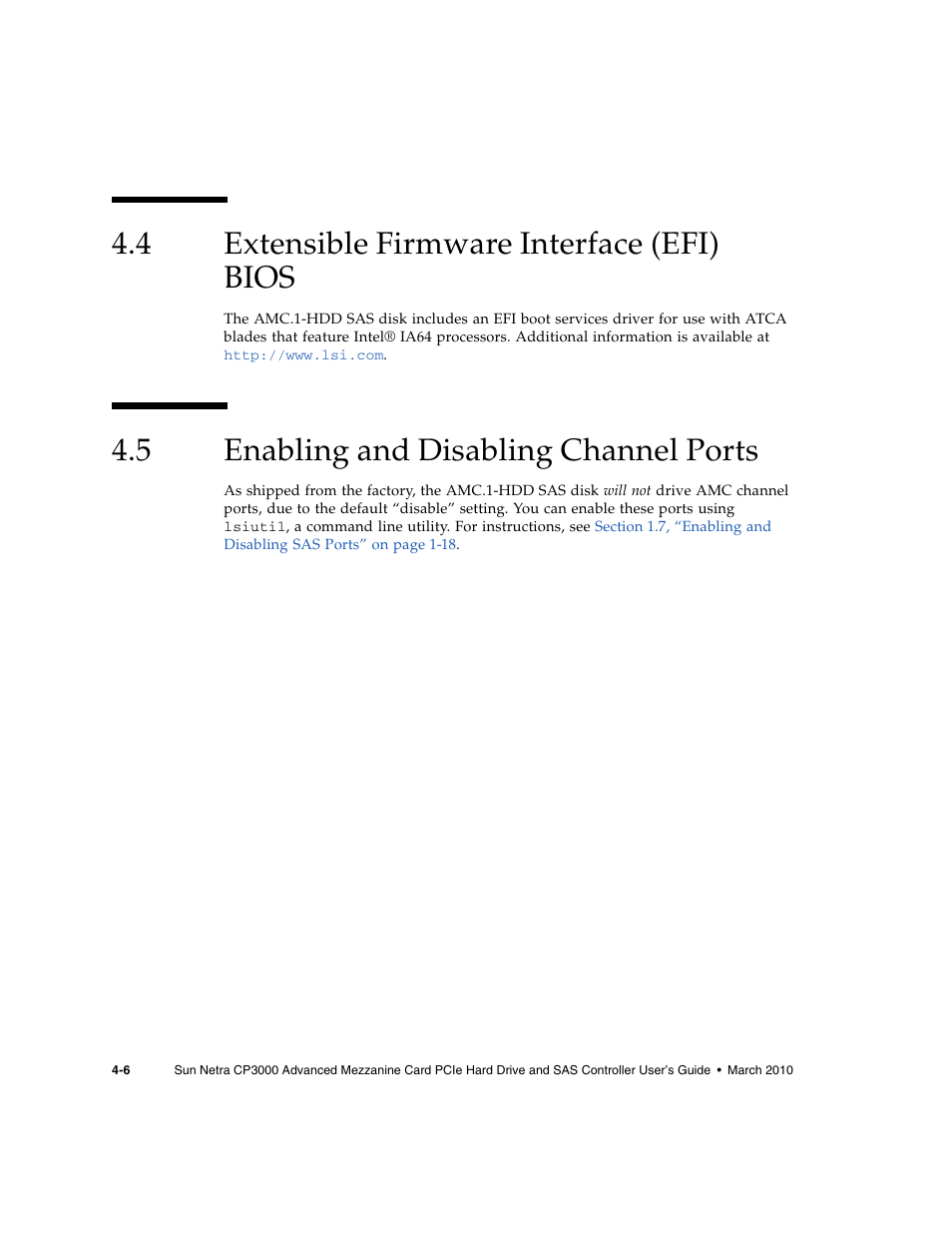 4 extensible firmware interface (efi) bios, 5 enabling and disabling channel ports, Extensible firmware interface (efi) bios | Enabling and disabling channel ports | Sun Microsystems SUN NETRA CP3000 User Manual | Page 52 / 72