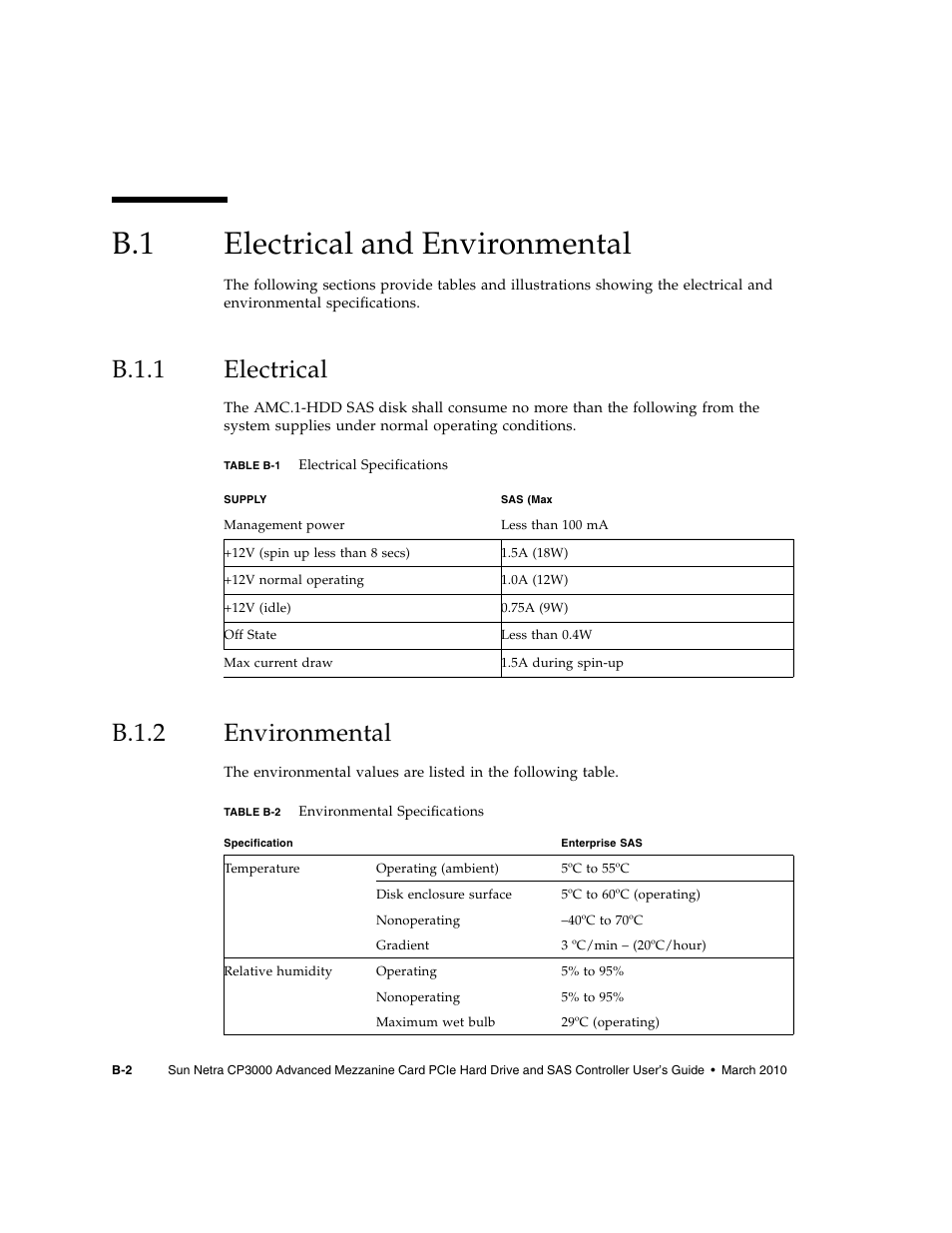 B.1 electrical and environmental, B.1.1 electrical, B.1.2 environmental | Electrical and environmental, B.1.1, Electrical, B.1.2, Environmental | Sun Microsystems SUN NETRA CP3000 User Manual | Page 60 / 72