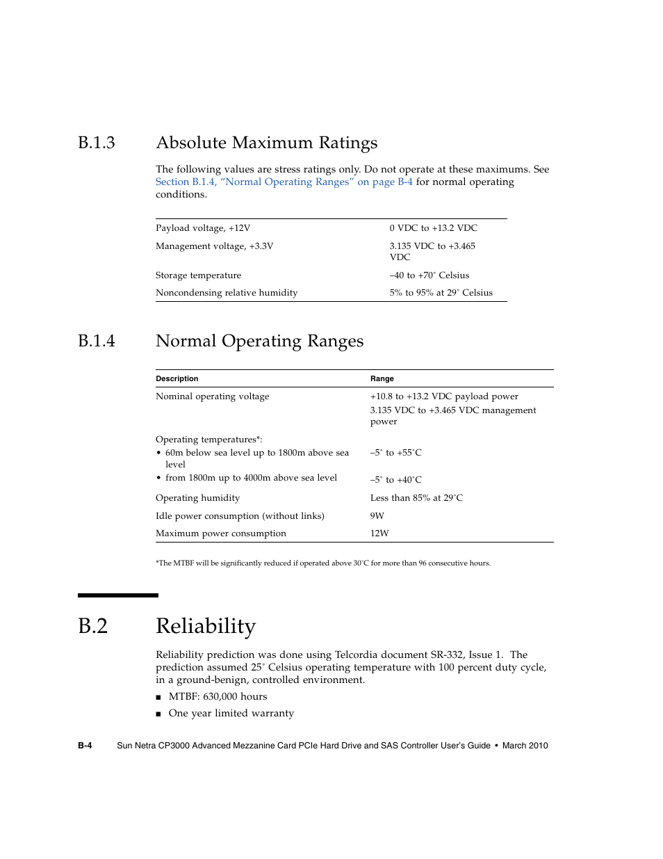 B.1.3 absolute maximum ratings, B.1.4 normal operating ranges, B.2 reliability | B.1.3, Absolute maximum ratings, B.1.4, Normal operating ranges, Reliability | Sun Microsystems SUN NETRA CP3000 User Manual | Page 62 / 72