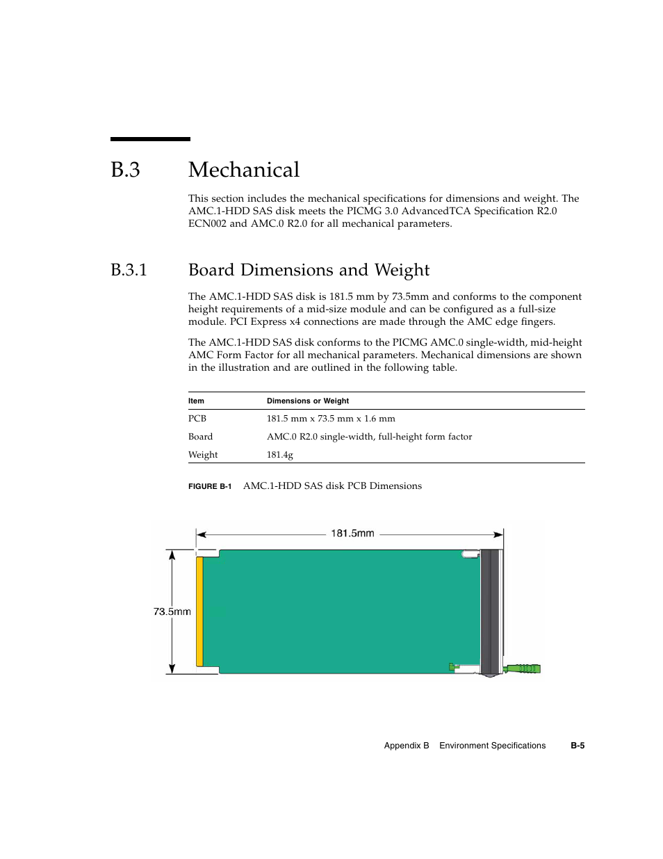 B.3 mechanical, B.3.1 board dimensions and weight, Mechanical | B.3.1, Board dimensions and weight | Sun Microsystems SUN NETRA CP3000 User Manual | Page 63 / 72