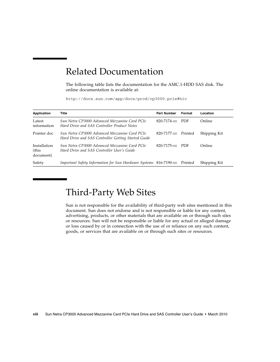 Related documentation, Third-party web sites | Sun Microsystems SUN NETRA CP3000 User Manual | Page 8 / 72