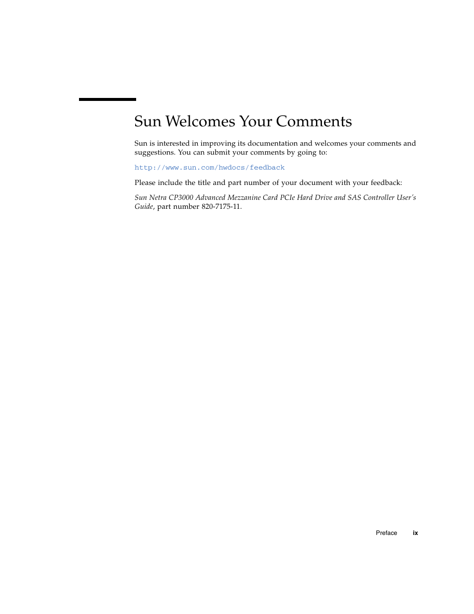 Sun welcomes your comments | Sun Microsystems SUN NETRA CP3000 User Manual | Page 9 / 72