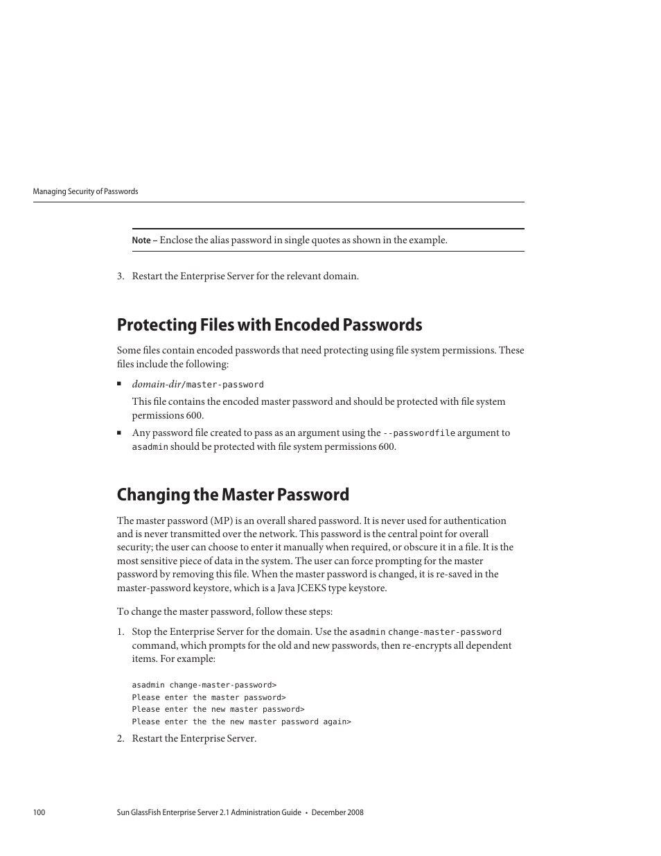 Protecting files with encoded passwords, Changing the master password | Sun Microsystems GLASSFISH ENTERPRISE 820433510 User Manual | Page 100 / 256