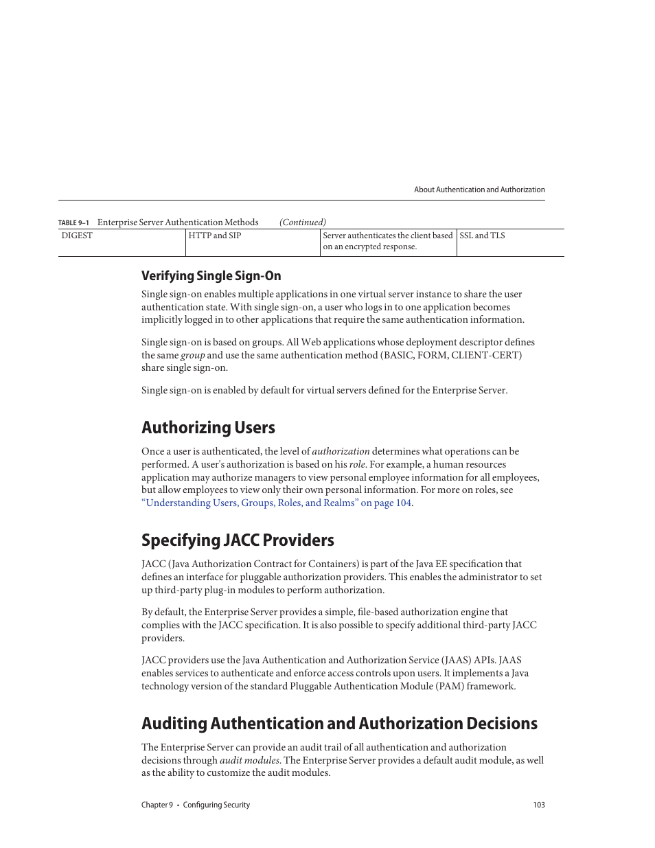 Verifying single sign-on, Authorizing users, Specifying jacc providers | Sun Microsystems GLASSFISH ENTERPRISE 820433510 User Manual | Page 103 / 256