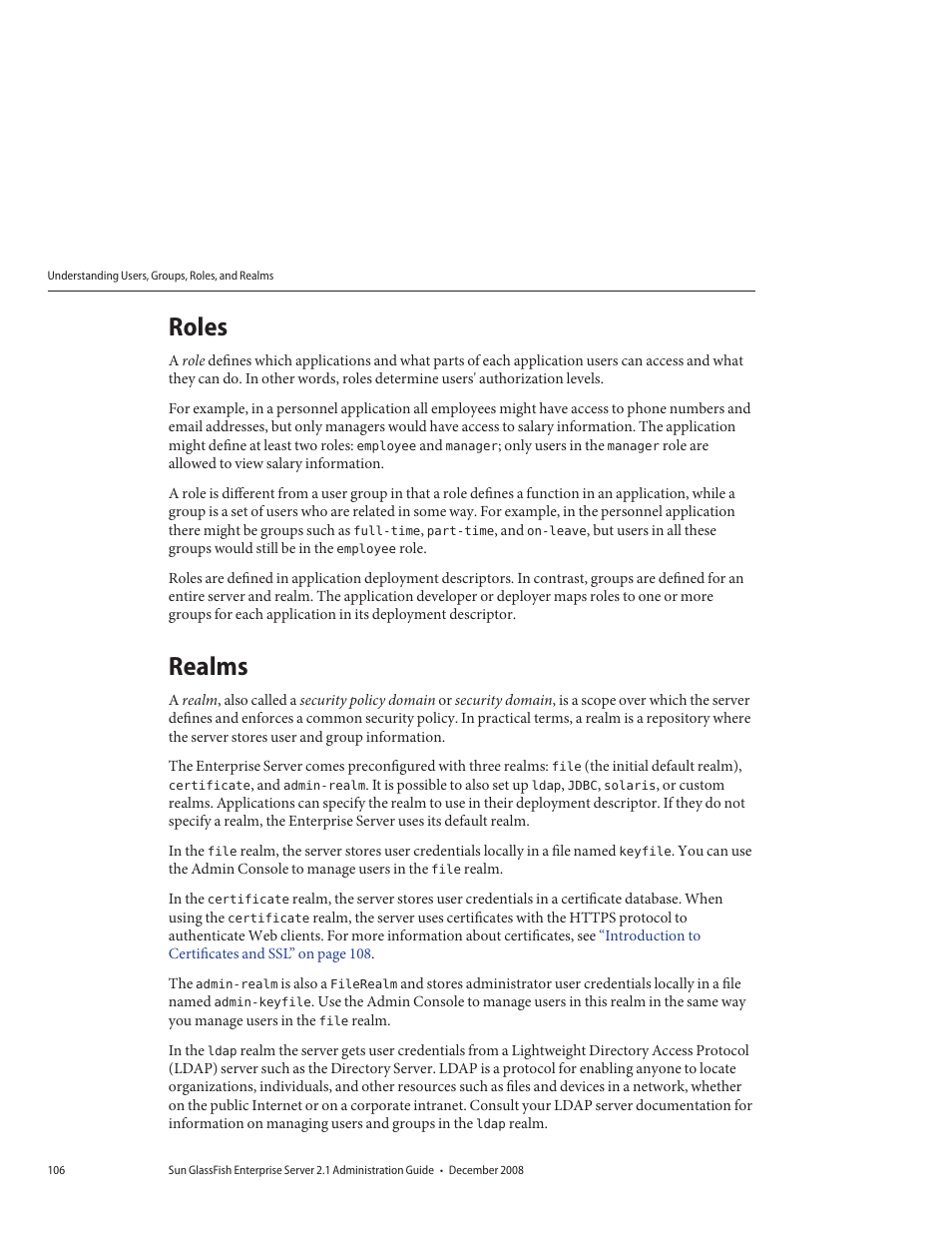 Roles, Realms | Sun Microsystems GLASSFISH ENTERPRISE 820433510 User Manual | Page 106 / 256
