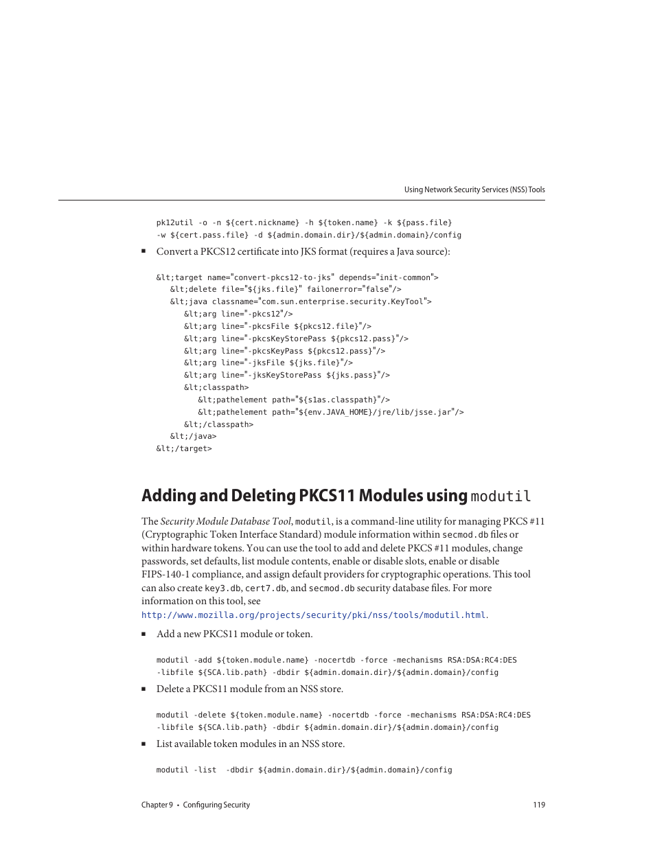 Adding and deleting pkcs11 modules using modutil | Sun Microsystems GLASSFISH ENTERPRISE 820433510 User Manual | Page 119 / 256
