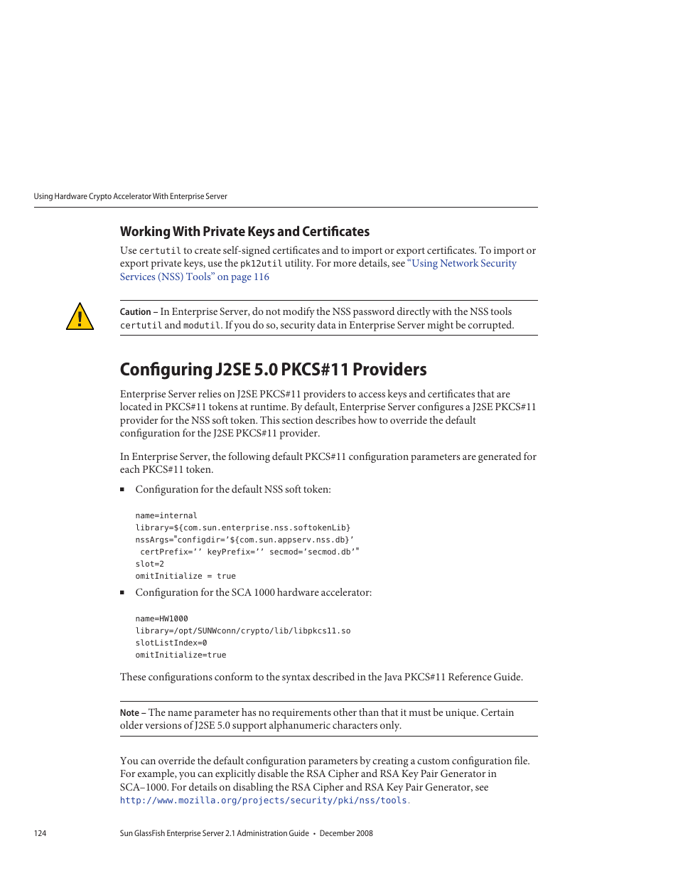 Working with private keys and certificates, Configuring j2se 5.0 pkcs#11 providers, Configuring j2se | Sun Microsystems GLASSFISH ENTERPRISE 820433510 User Manual | Page 124 / 256