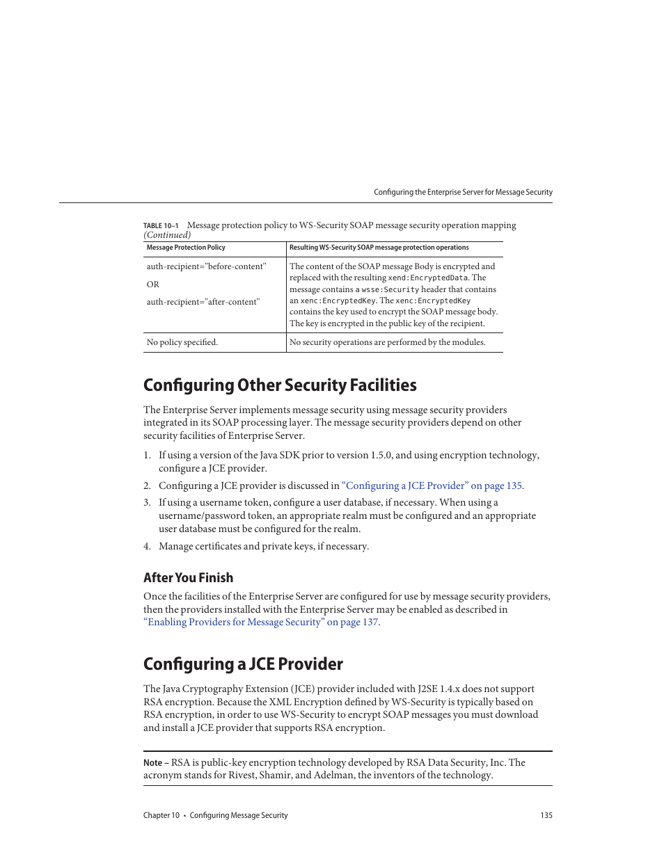 Configuring other security facilities, After you finish, Configuring a jce provider | Sun Microsystems GLASSFISH ENTERPRISE 820433510 User Manual | Page 135 / 256