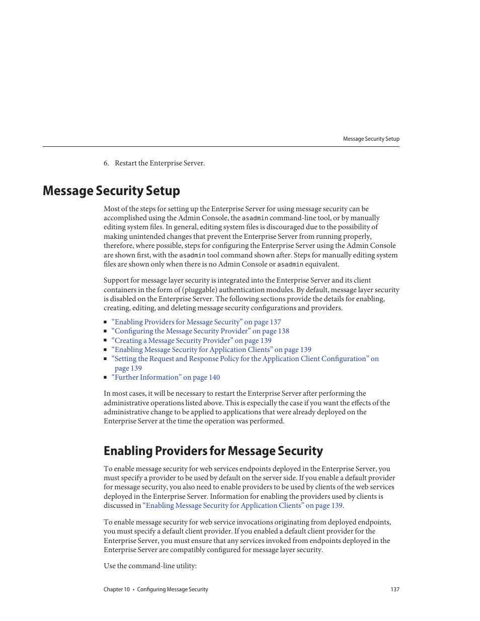 Message security setup, Enabling providers for message security | Sun Microsystems GLASSFISH ENTERPRISE 820433510 User Manual | Page 137 / 256