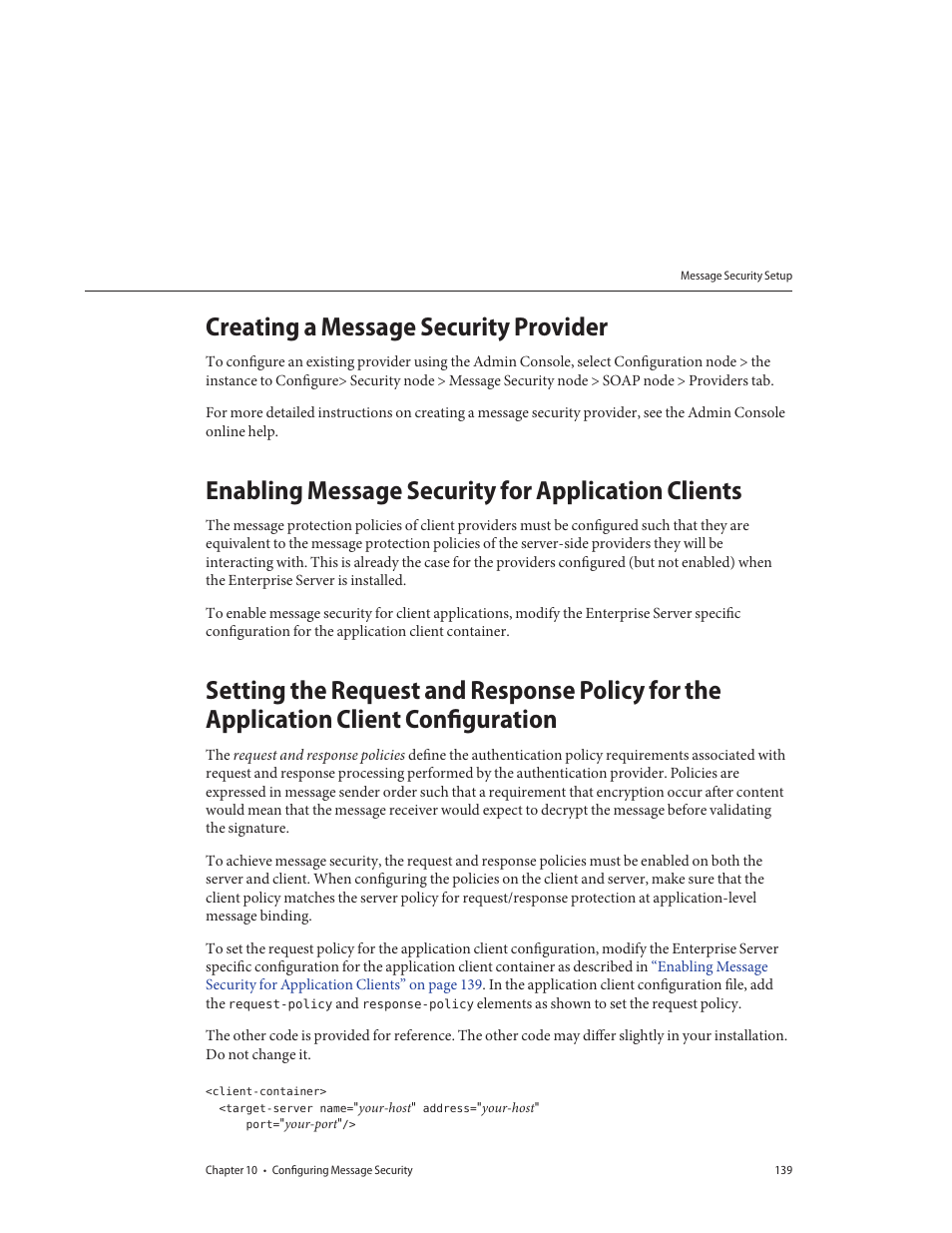 Creating a message security provider, Enabling message security for application clients | Sun Microsystems GLASSFISH ENTERPRISE 820433510 User Manual | Page 139 / 256