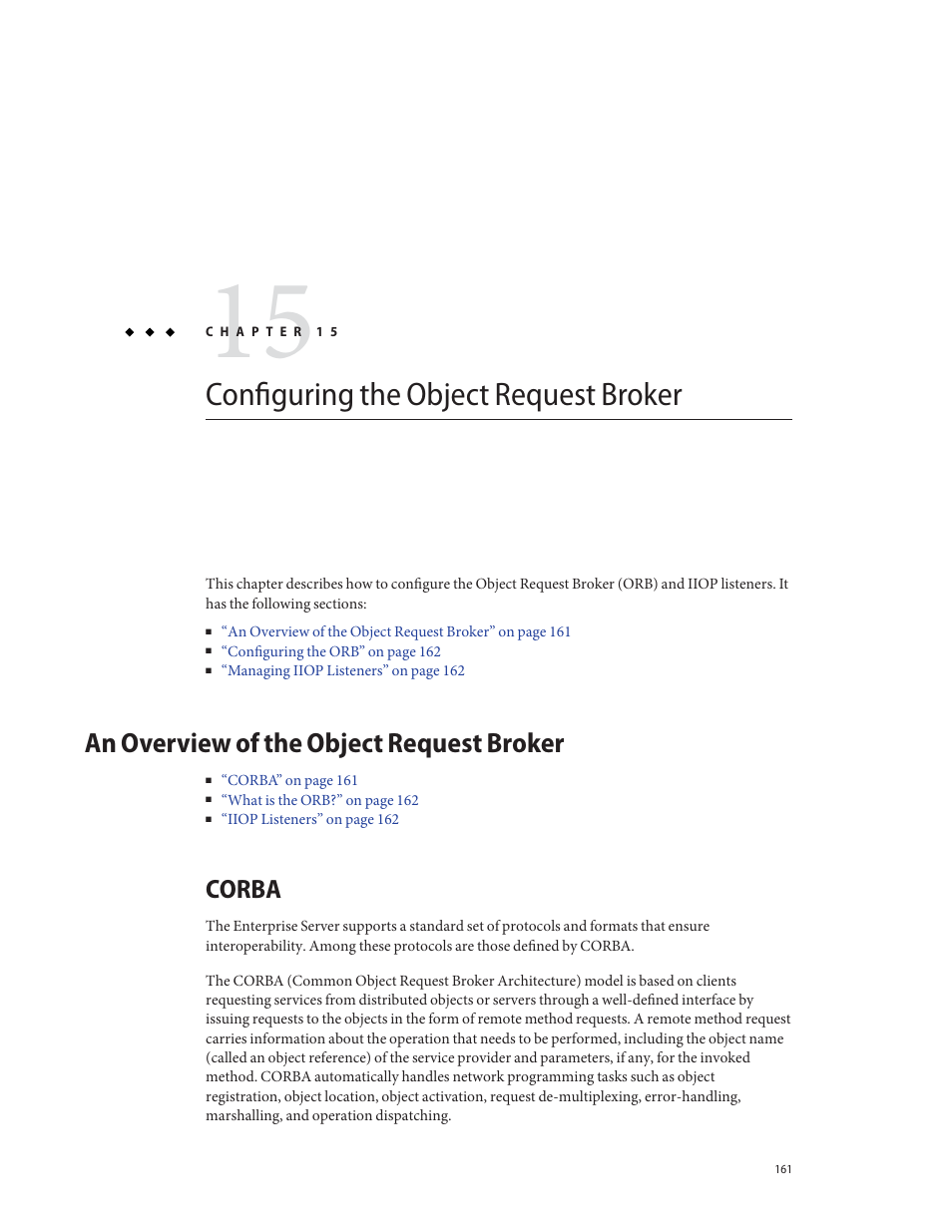 Configuring the object request broker, An overview of the object request broker, Corba | Sun Microsystems GLASSFISH ENTERPRISE 820433510 User Manual | Page 161 / 256