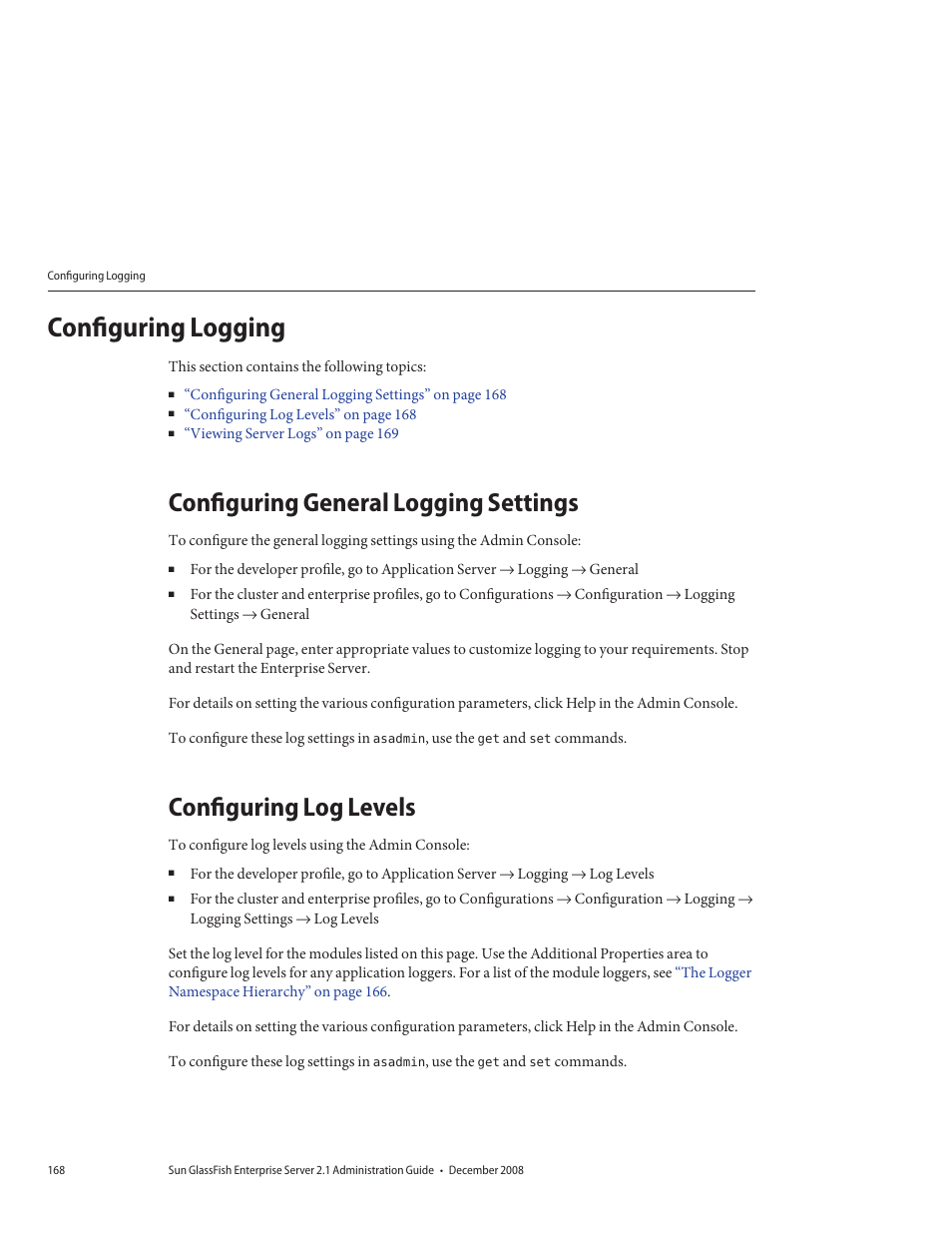 Configuring logging, Configuring general logging settings, Configuring log levels | Sun Microsystems GLASSFISH ENTERPRISE 820433510 User Manual | Page 168 / 256