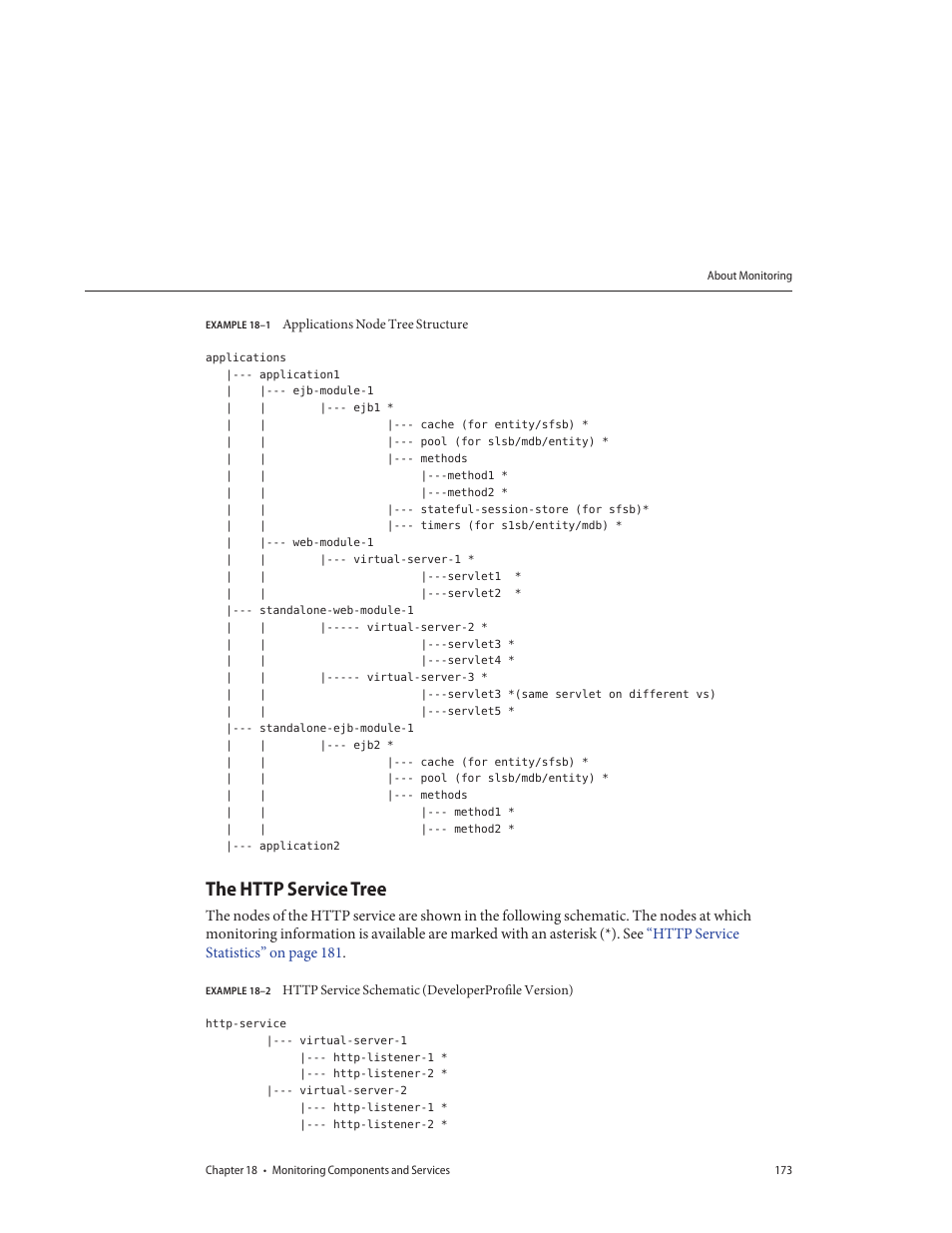 The http service tree, Example 18–1, Applications node tree structure | Example 18–2, Http service schematic (developerprofile version) | Sun Microsystems GLASSFISH ENTERPRISE 820433510 User Manual | Page 173 / 256