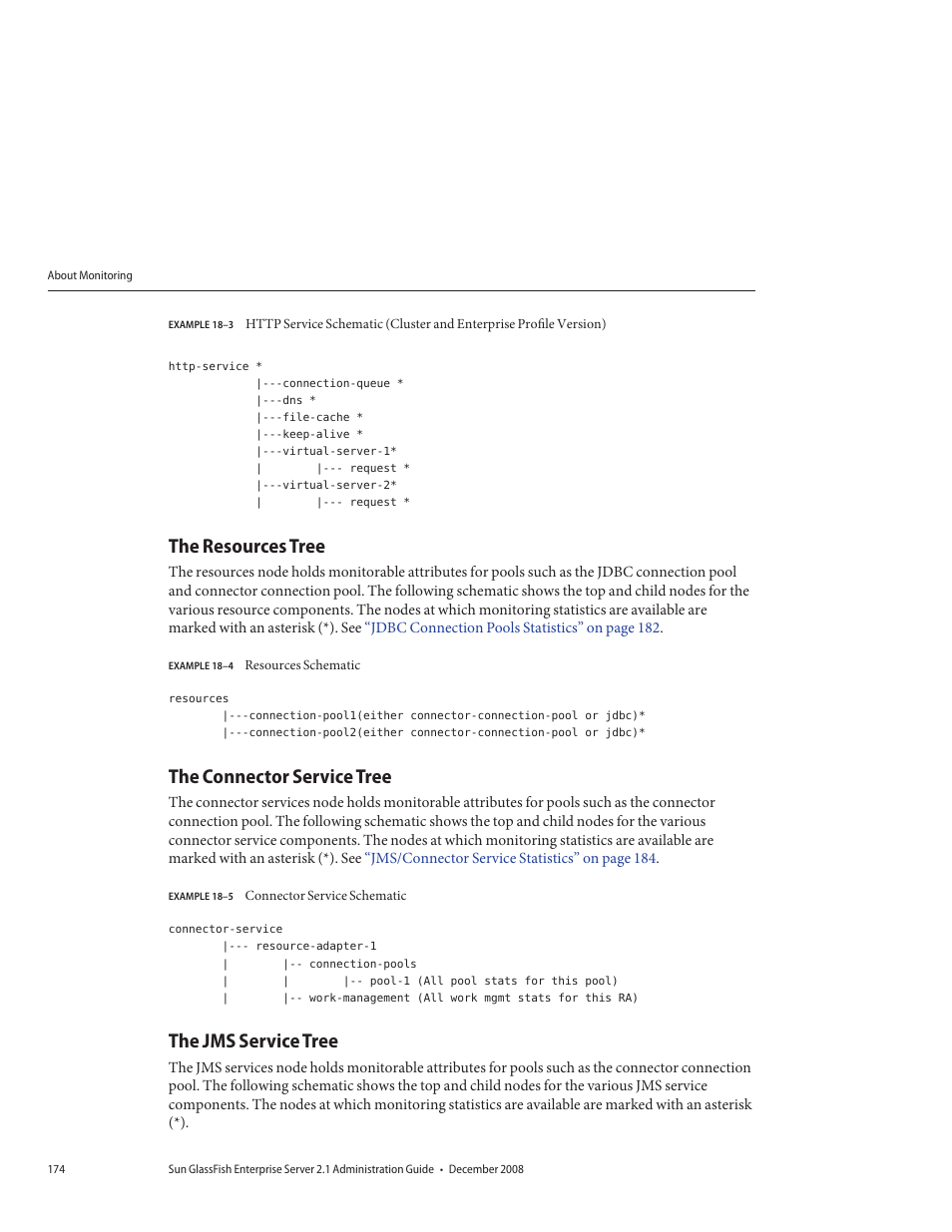 The resources tree, The connector service tree, The jms service tree | Example 18–3, Example 18–4, Resources schematic, Example 18–5, Connector service schematic | Sun Microsystems GLASSFISH ENTERPRISE 820433510 User Manual | Page 174 / 256
