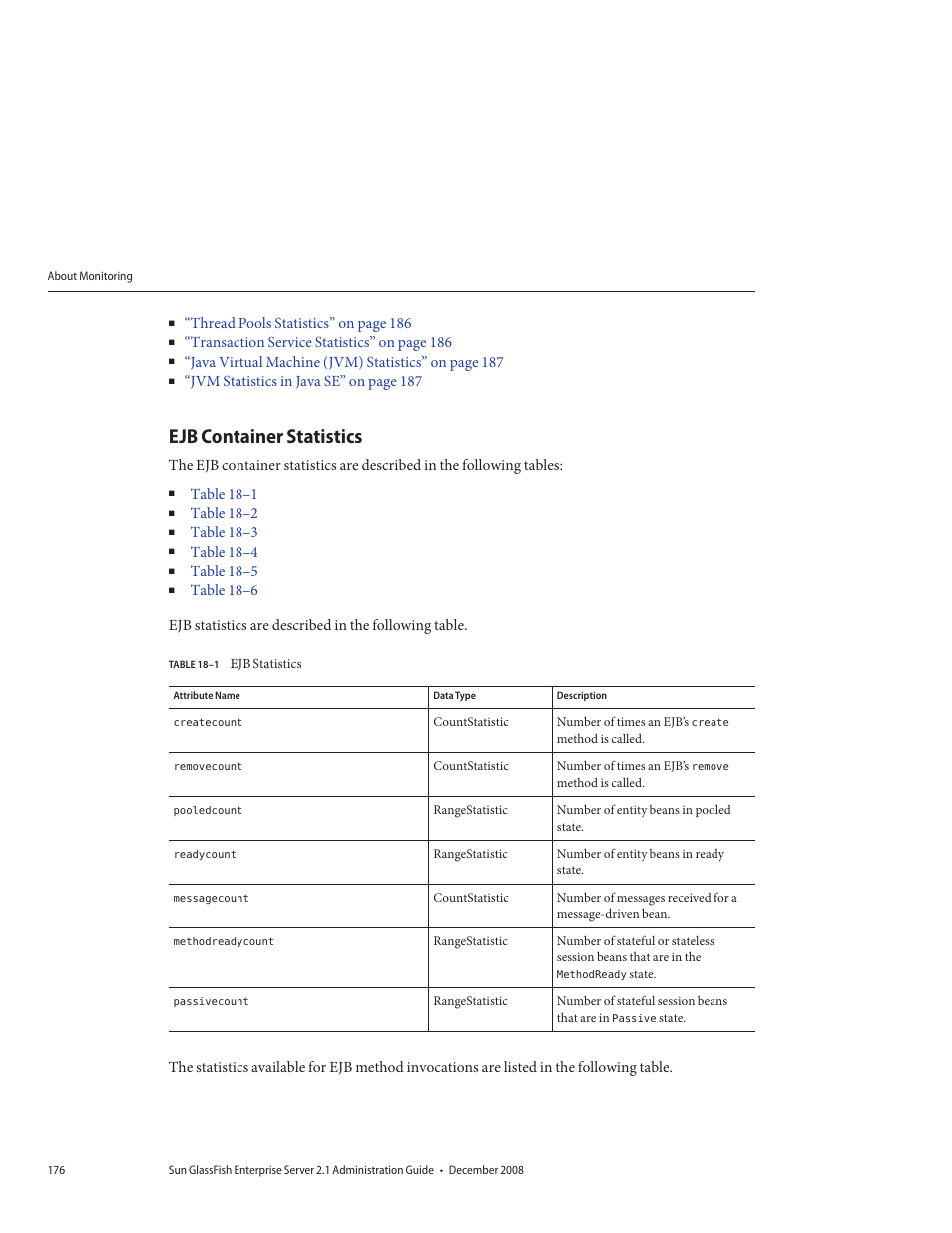 Ejb container statistics, Table 18–1, Ejb statistics | Sun Microsystems GLASSFISH ENTERPRISE 820433510 User Manual | Page 176 / 256