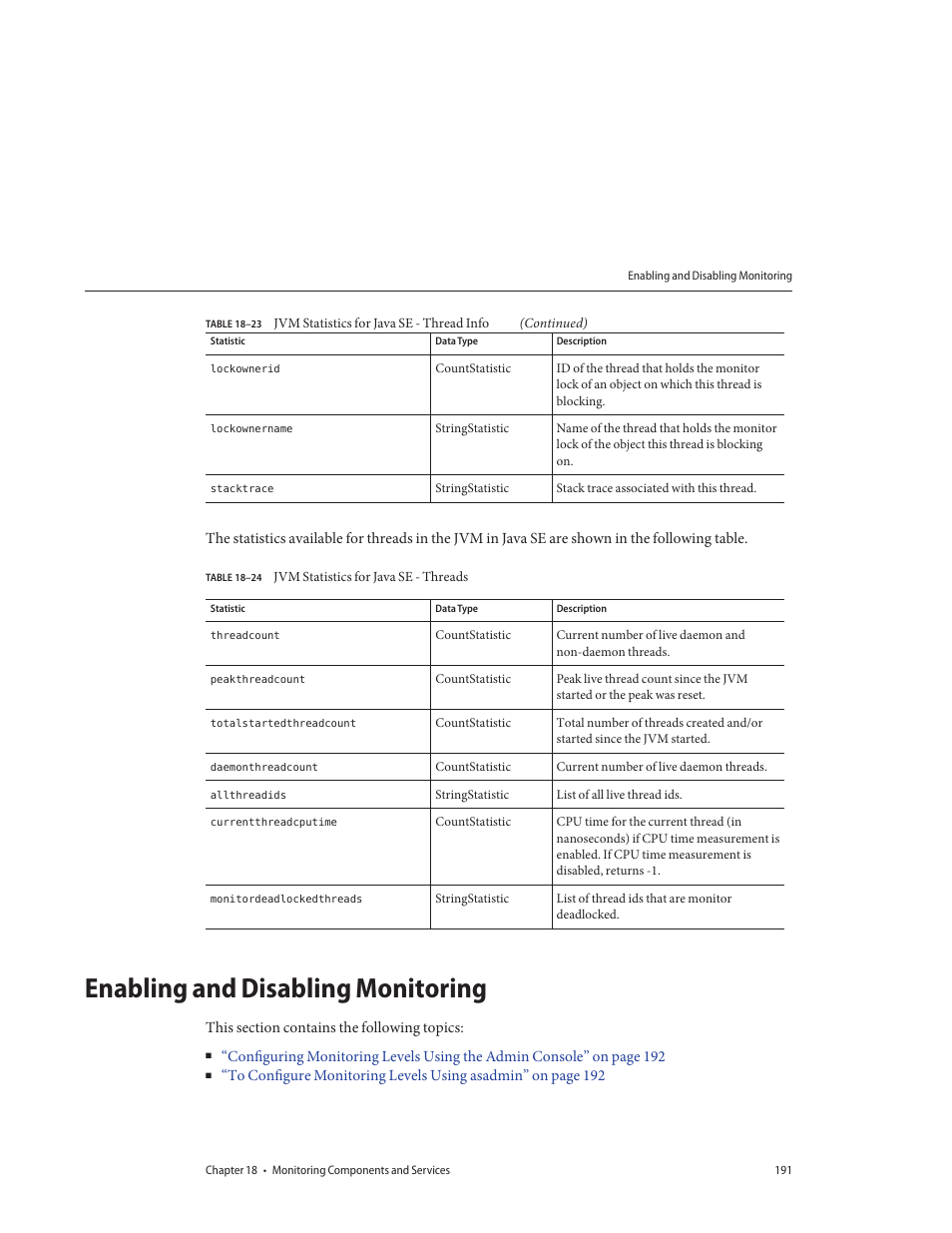 Enabling and disabling monitoring, Table 18–24, Jvm statistics for java se - threads | Enabling and disabling monitoring” on | Sun Microsystems GLASSFISH ENTERPRISE 820433510 User Manual | Page 191 / 256
