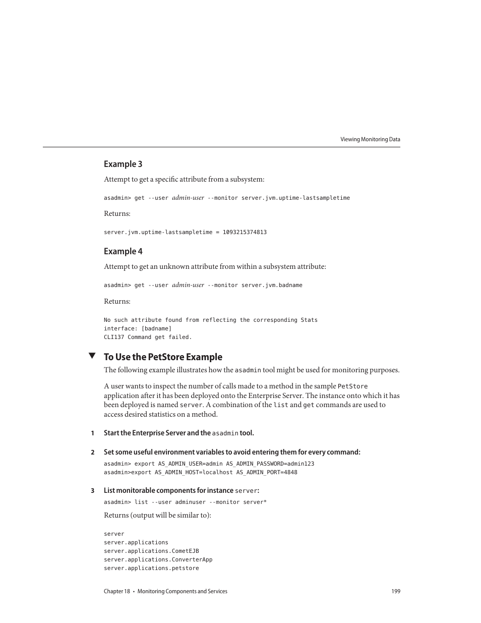 Example 3, Example 4, To use the petstore example | Sun Microsystems GLASSFISH ENTERPRISE 820433510 User Manual | Page 199 / 256
