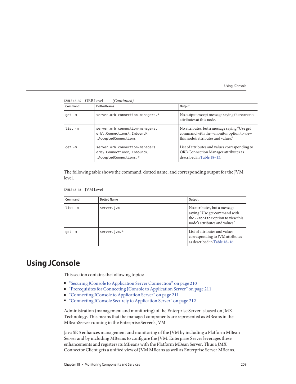 Using jconsole, Table 18–33, Jvm level | Sun Microsystems GLASSFISH ENTERPRISE 820433510 User Manual | Page 209 / 256