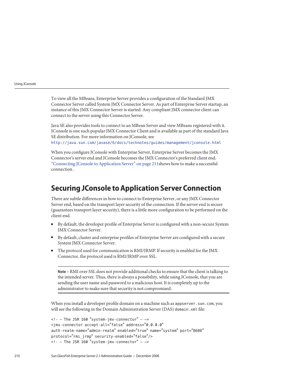 Securing jconsole to application server connection | Sun Microsystems GLASSFISH ENTERPRISE 820433510 User Manual | Page 210 / 256