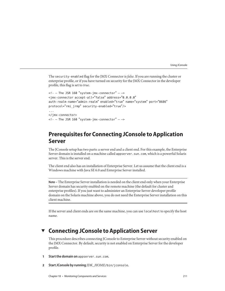 Connecting jconsole to application server | Sun Microsystems GLASSFISH ENTERPRISE 820433510 User Manual | Page 211 / 256