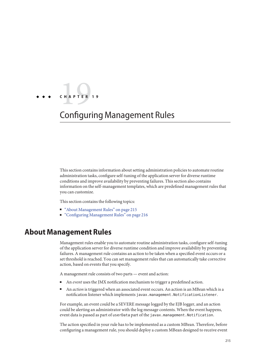 Configuring management rules, About management rules, Chapter 19, “configuring management rules | Sun Microsystems GLASSFISH ENTERPRISE 820433510 User Manual | Page 215 / 256