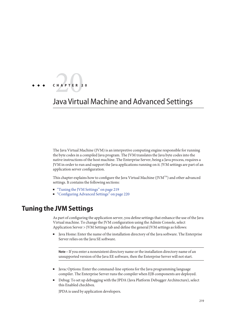 Java virtual machine and advanced settings, Tuning the jvm settings | Sun Microsystems GLASSFISH ENTERPRISE 820433510 User Manual | Page 219 / 256