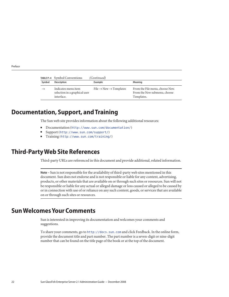 Documentation, support, and training, Third-party web site references, Sun welcomes your comments | Sun Microsystems GLASSFISH ENTERPRISE 820433510 User Manual | Page 22 / 256