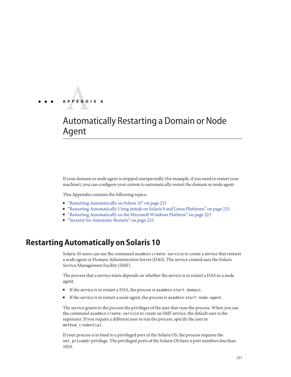 Automatically restarting a domain or node agent, Restarting automatically on solaris 10 | Sun Microsystems GLASSFISH ENTERPRISE 820433510 User Manual | Page 221 / 256