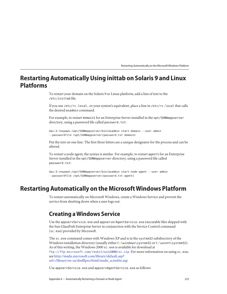 Creating a windows service | Sun Microsystems GLASSFISH ENTERPRISE 820433510 User Manual | Page 223 / 256