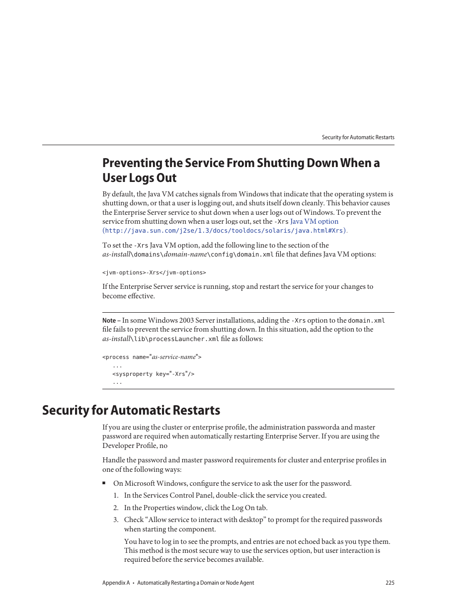 Security for automatic restarts | Sun Microsystems GLASSFISH ENTERPRISE 820433510 User Manual | Page 225 / 256