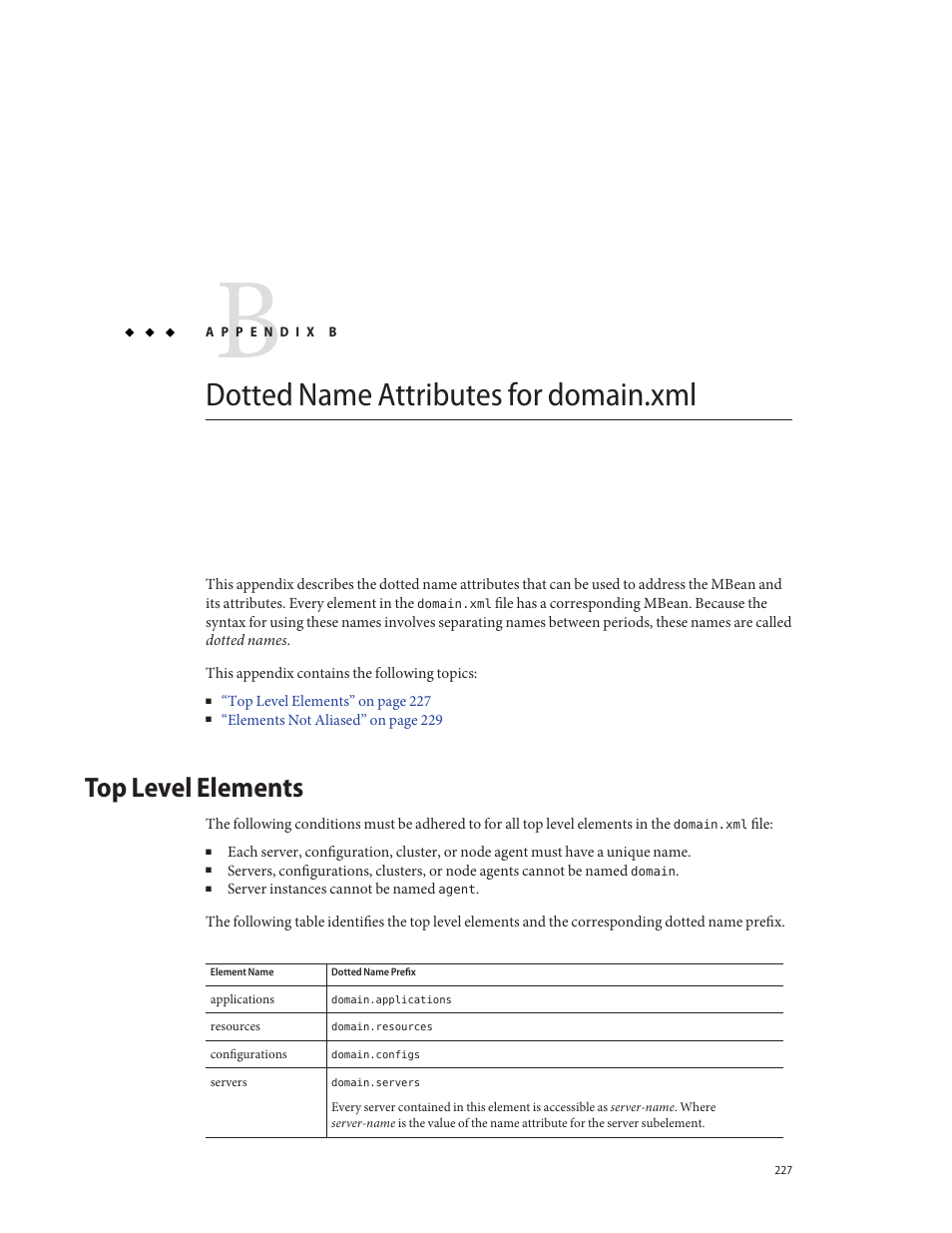 Dotted name attributes for domain.xml, Top level elements | Sun Microsystems GLASSFISH ENTERPRISE 820433510 User Manual | Page 227 / 256