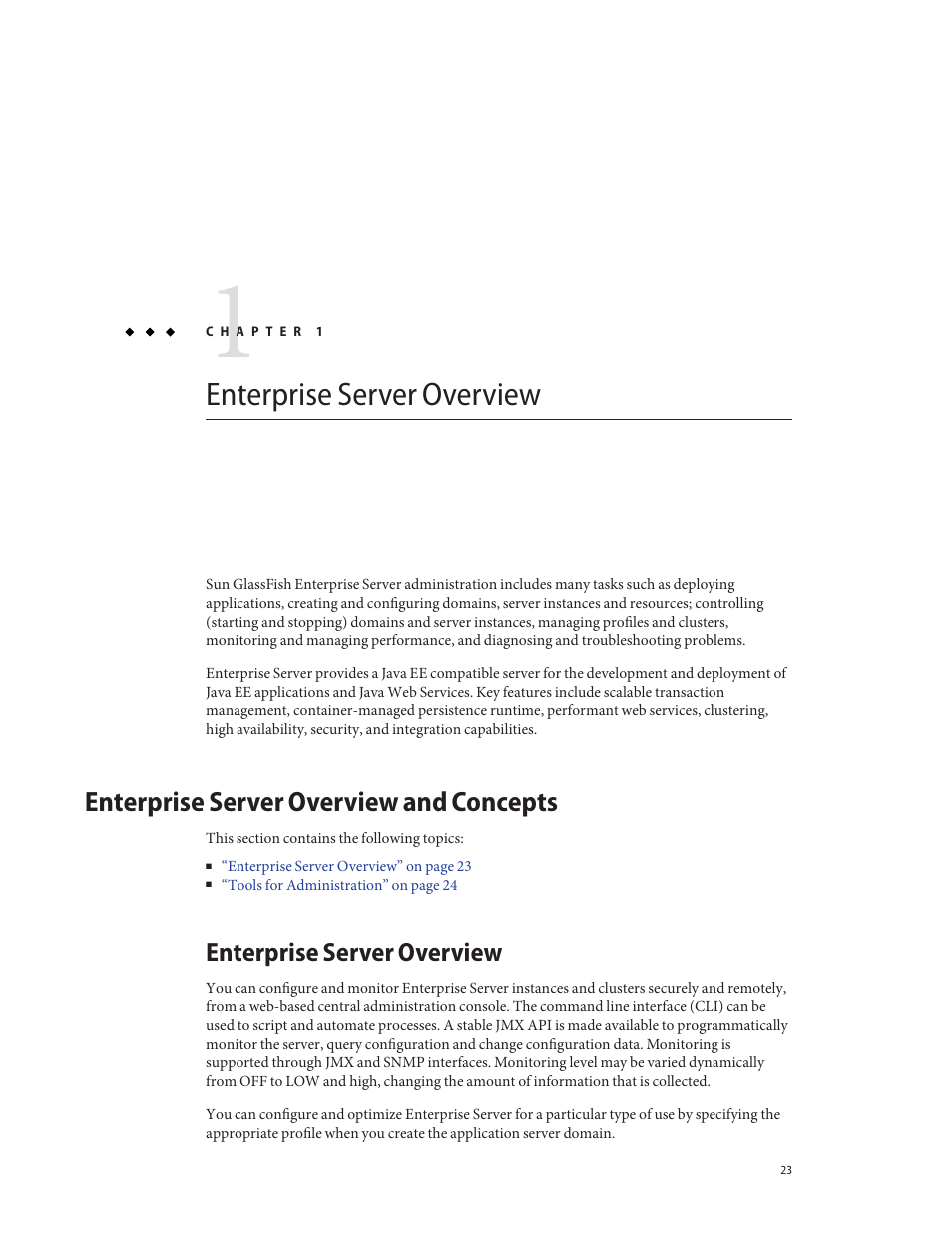 Enterprise server overview, Enterprise server overview and concepts | Sun Microsystems GLASSFISH ENTERPRISE 820433510 User Manual | Page 23 / 256