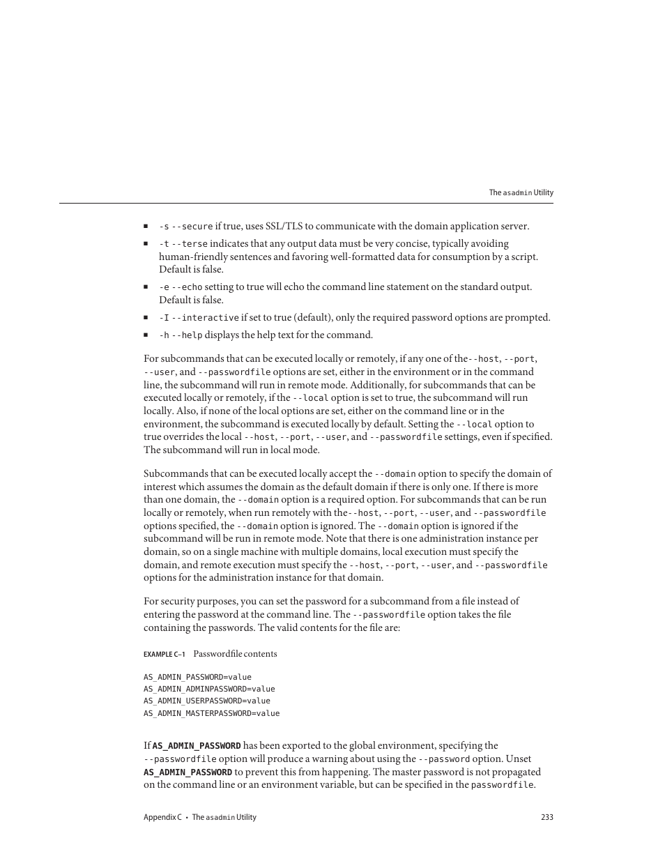 Example c–1, Passwordfile contents | Sun Microsystems GLASSFISH ENTERPRISE 820433510 User Manual | Page 233 / 256