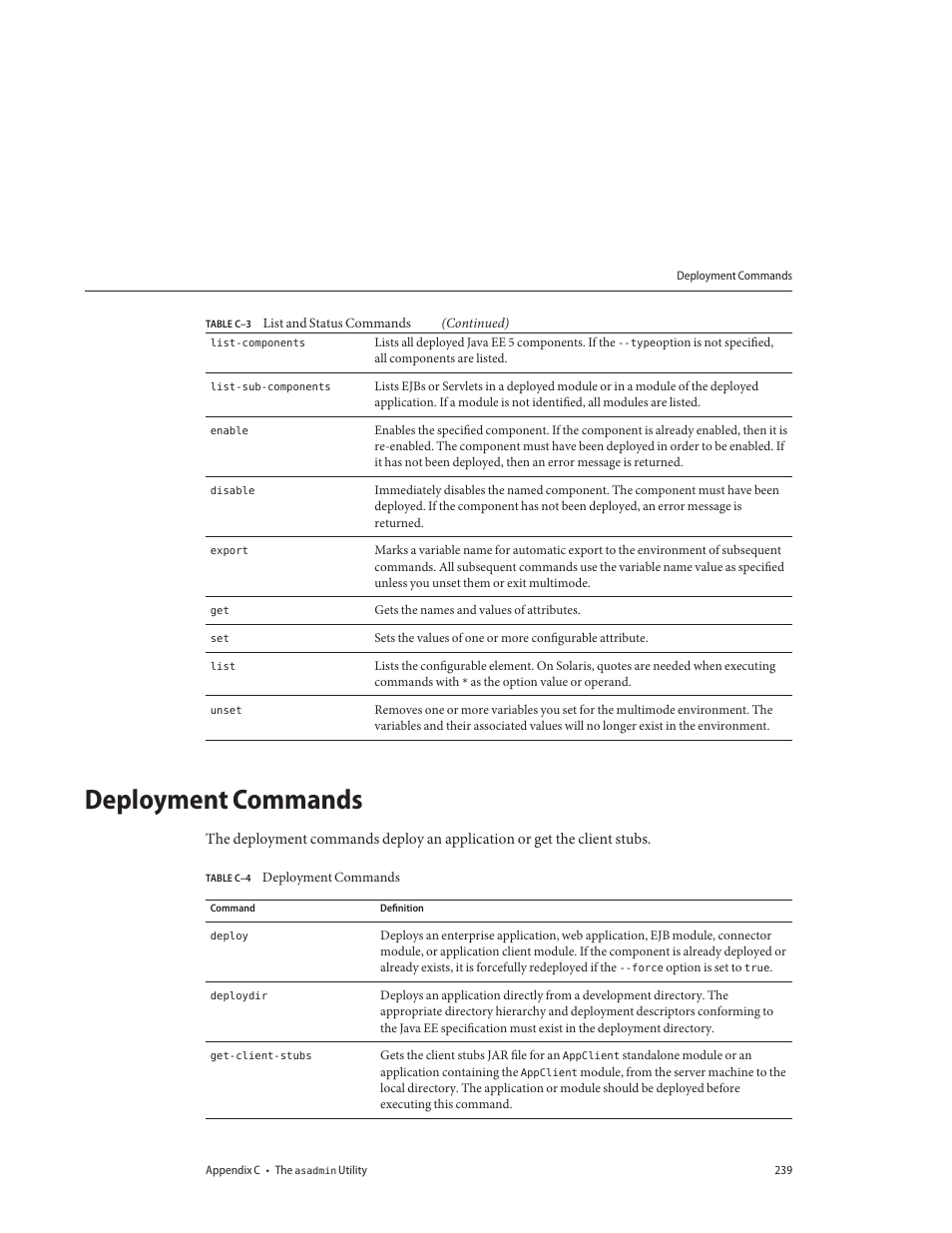 Deployment commands, Table c–4 | Sun Microsystems GLASSFISH ENTERPRISE 820433510 User Manual | Page 239 / 256