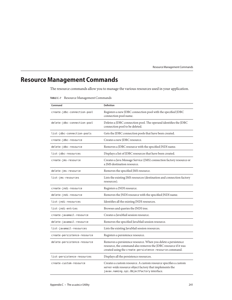 Resource management commands, Table c–7 | Sun Microsystems GLASSFISH ENTERPRISE 820433510 User Manual | Page 241 / 256