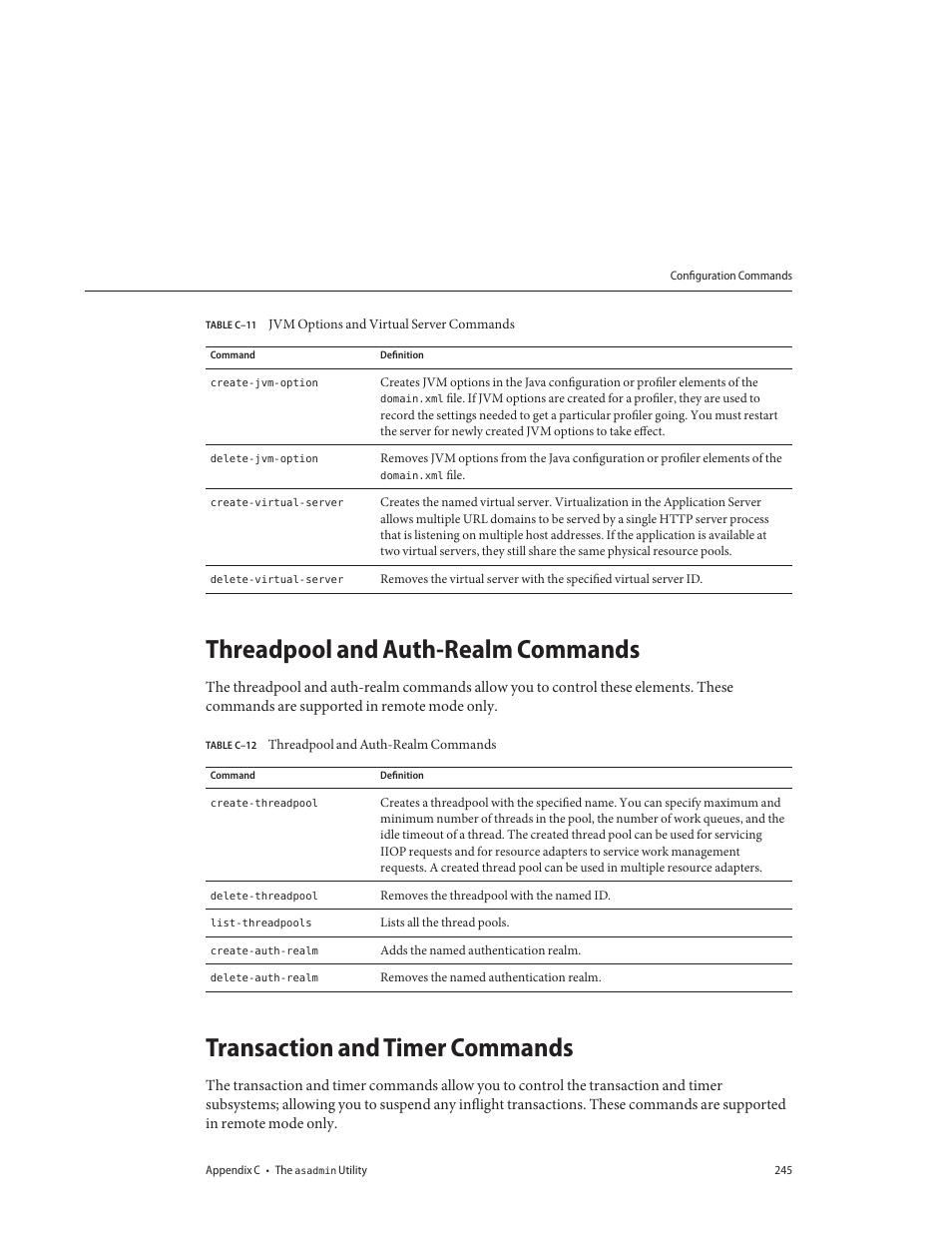 Threadpool and auth-realm commands, Transaction and timer commands, Table c–11 | Jvm options and virtual server commands, Table c–12 | Sun Microsystems GLASSFISH ENTERPRISE 820433510 User Manual | Page 245 / 256