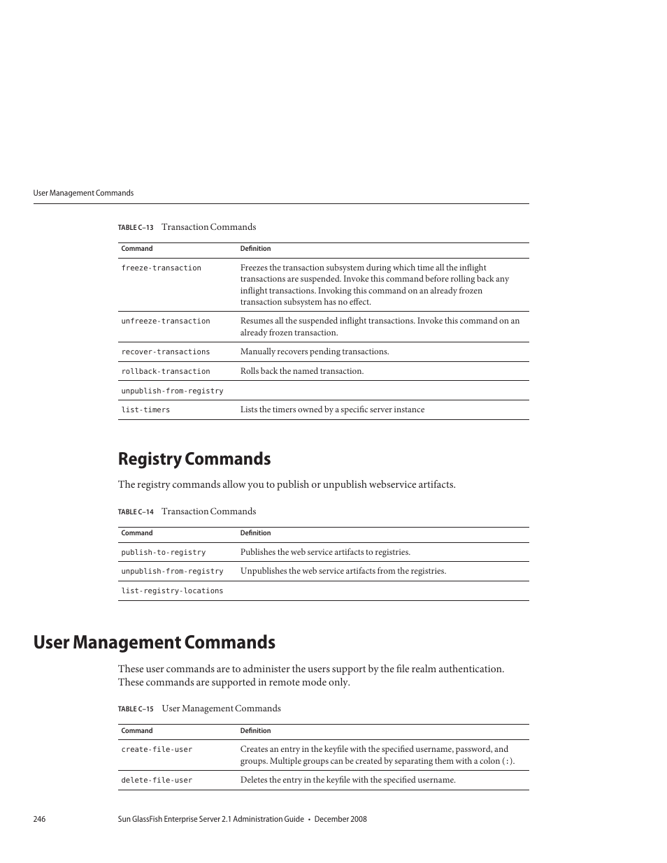 Registry commands, User management commands, Table c–13 | Transaction commands, Table c–14, Table c–15 | Sun Microsystems GLASSFISH ENTERPRISE 820433510 User Manual | Page 246 / 256