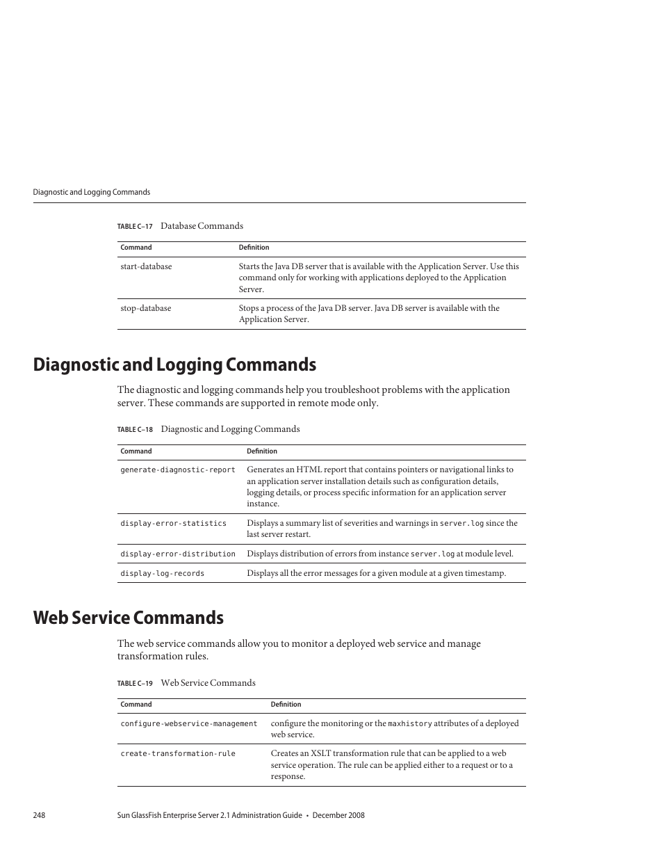 Diagnostic and logging commands, Web service commands, Table c–17 | Database commands, Table c–18, Table c–19 | Sun Microsystems GLASSFISH ENTERPRISE 820433510 User Manual | Page 248 / 256