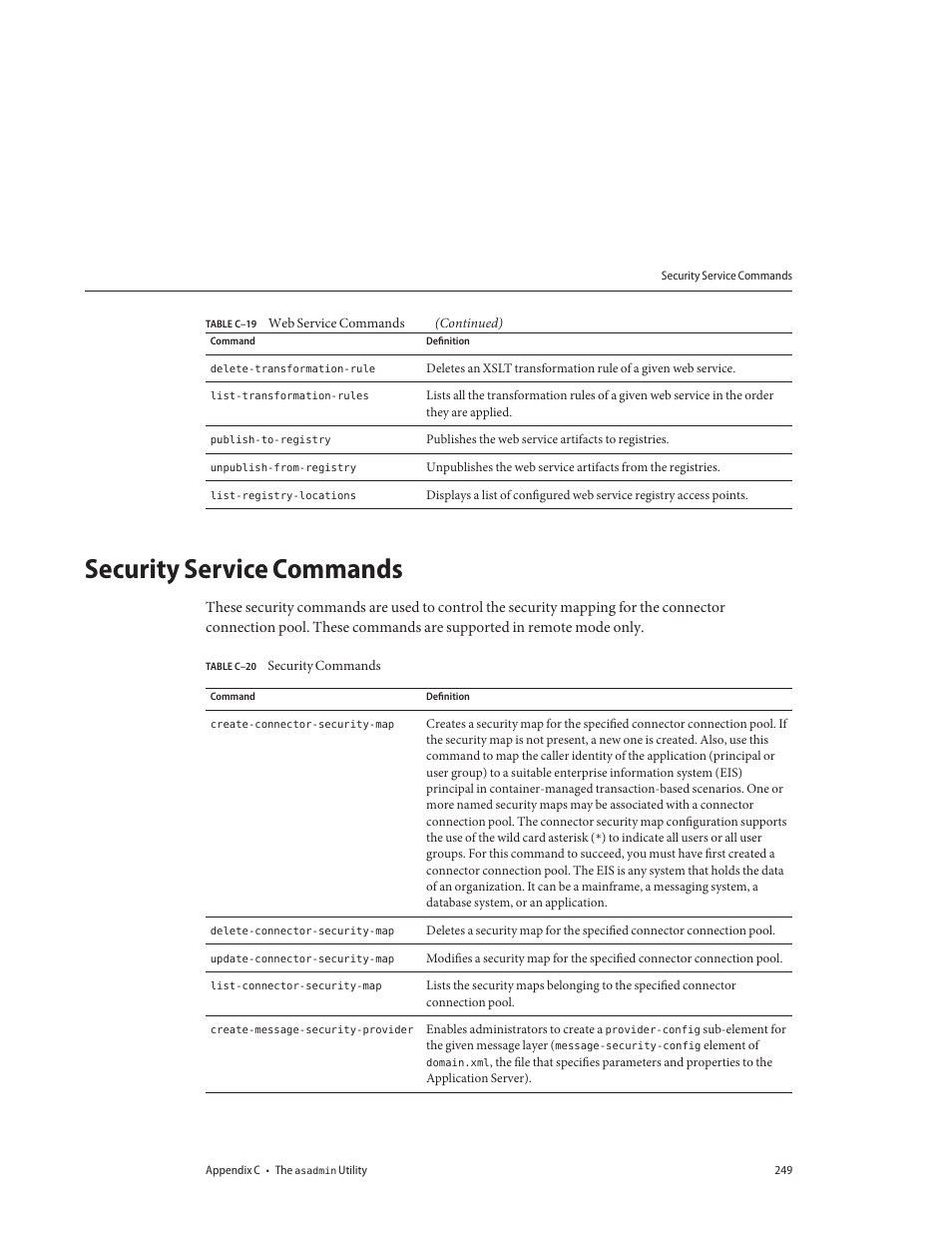Security service commands, Table c–20, Security commands | Sun Microsystems GLASSFISH ENTERPRISE 820433510 User Manual | Page 249 / 256