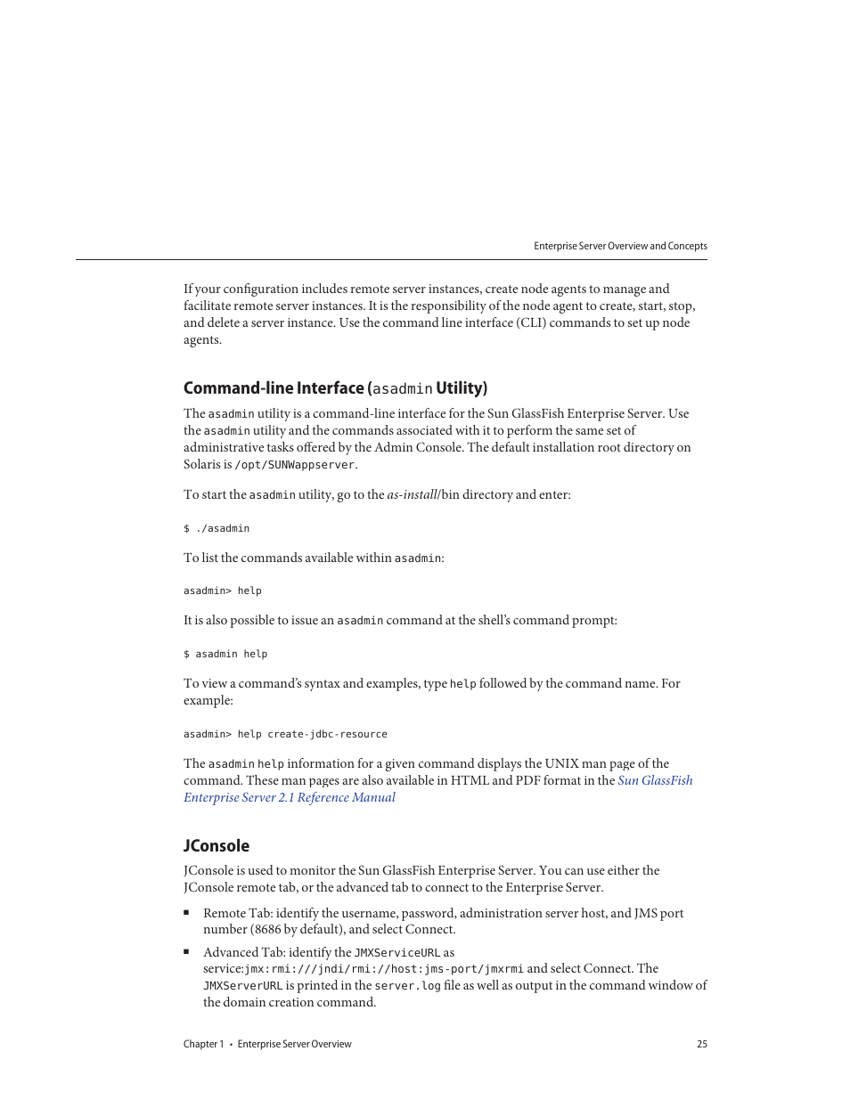 Command-line interface (asadmin utility), Jconsole, Command-line interface ( asadmin utility) | Sun Microsystems GLASSFISH ENTERPRISE 820433510 User Manual | Page 25 / 256
