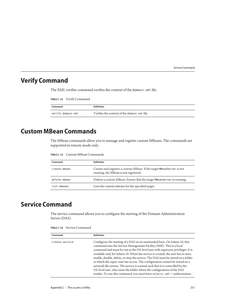 Verify command, Custom mbean commands, Service command | Table c–22, Table c–23, Table c–24 | Sun Microsystems GLASSFISH ENTERPRISE 820433510 User Manual | Page 251 / 256