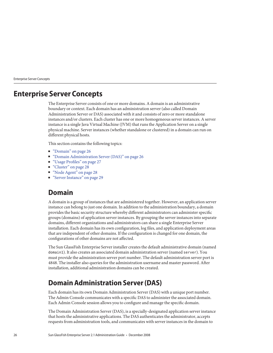 Enterprise server concepts, Domain, Domain administration server (das) | Sun Microsystems GLASSFISH ENTERPRISE 820433510 User Manual | Page 26 / 256