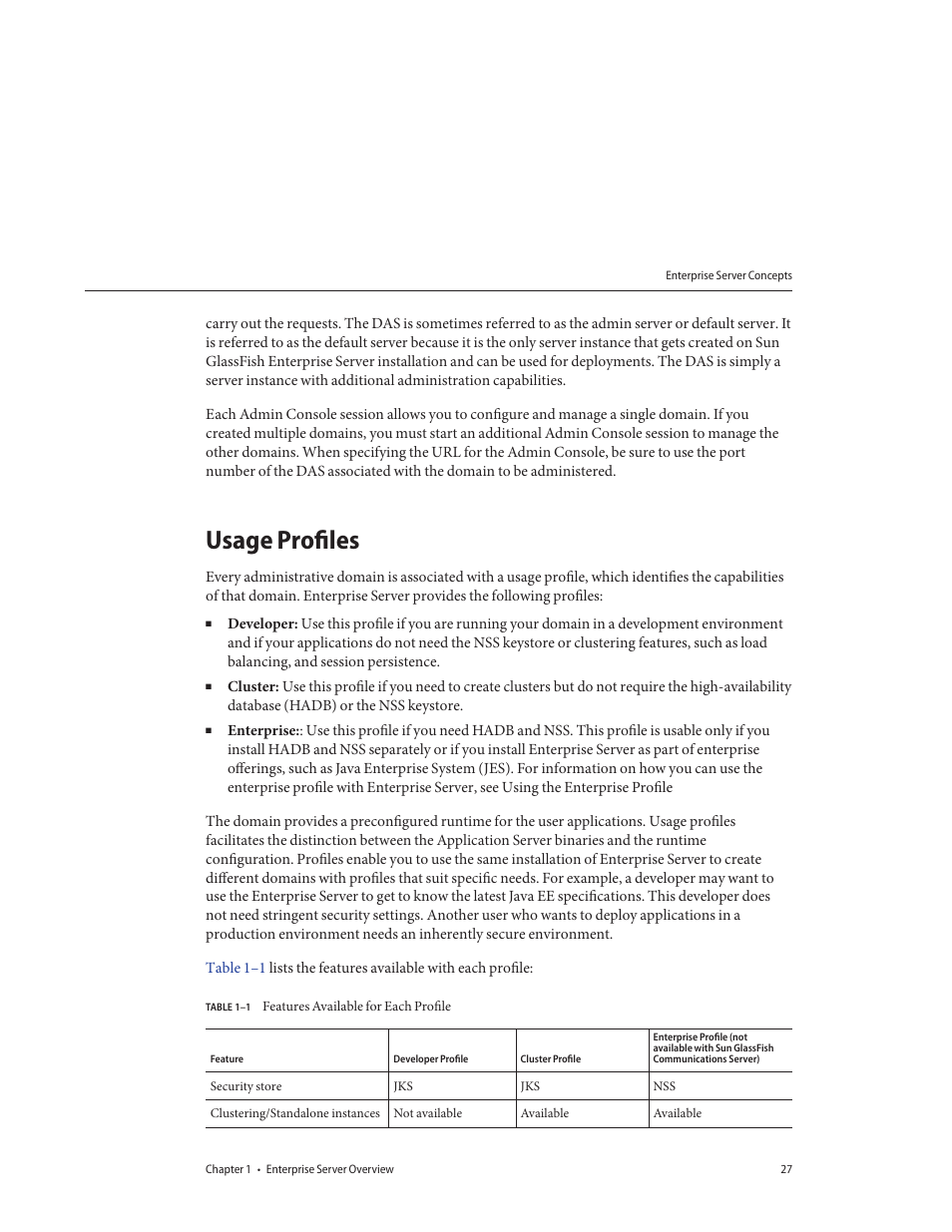 Usage profiles, Table 1–1, Features available for each profile | Sun Microsystems GLASSFISH ENTERPRISE 820433510 User Manual | Page 27 / 256